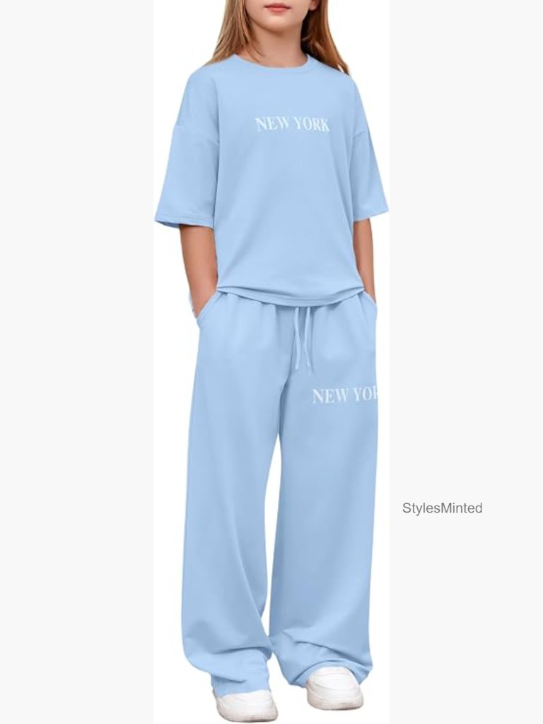 Girls 2-Piece Tracksuit Sweatshirt & Jogger Set - 3/4 Sleeve Loose Fit